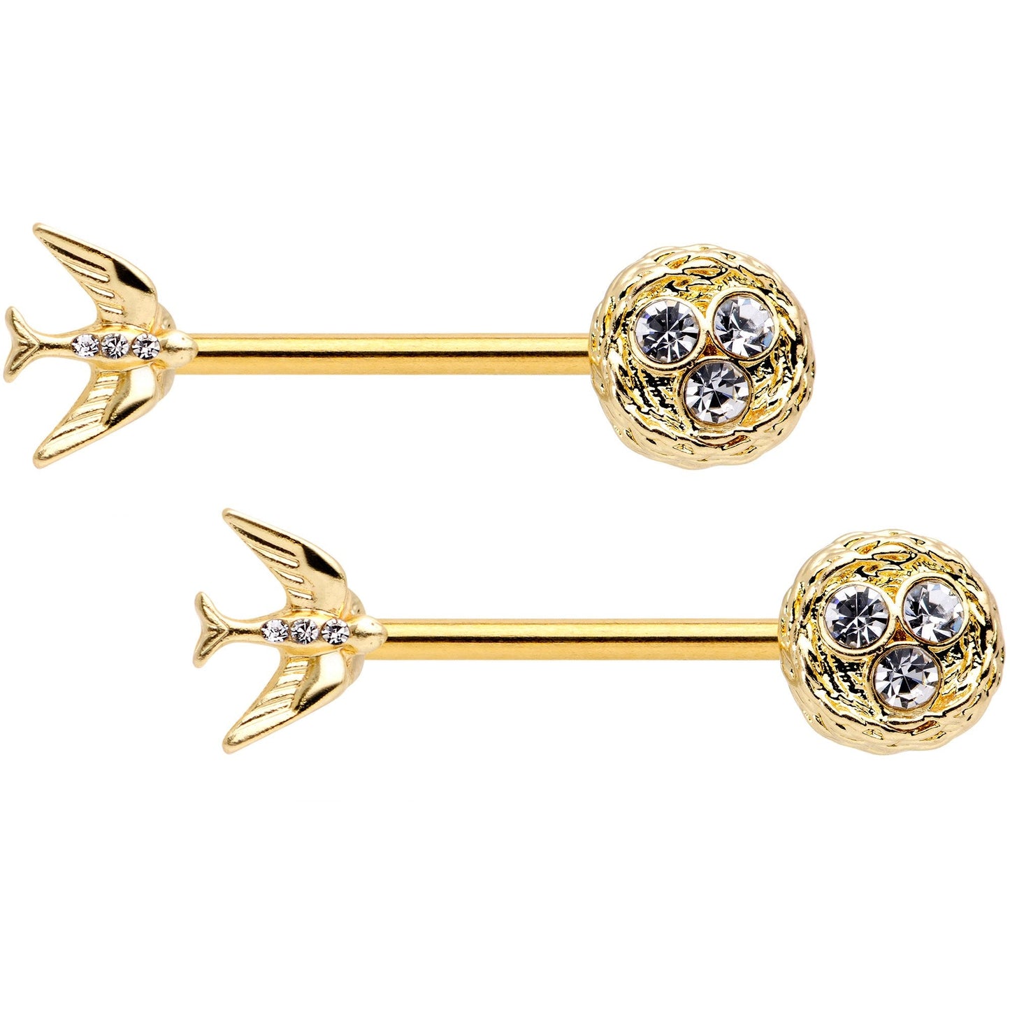 14G 9/16 Clear Gem Gold Tone Birds Nest Nipple Ring Set