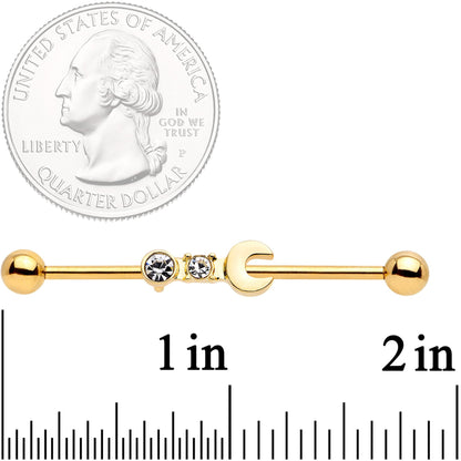 14G Clear Gem Gold Tone Crescent Wrench Industrial Barbell 38mm