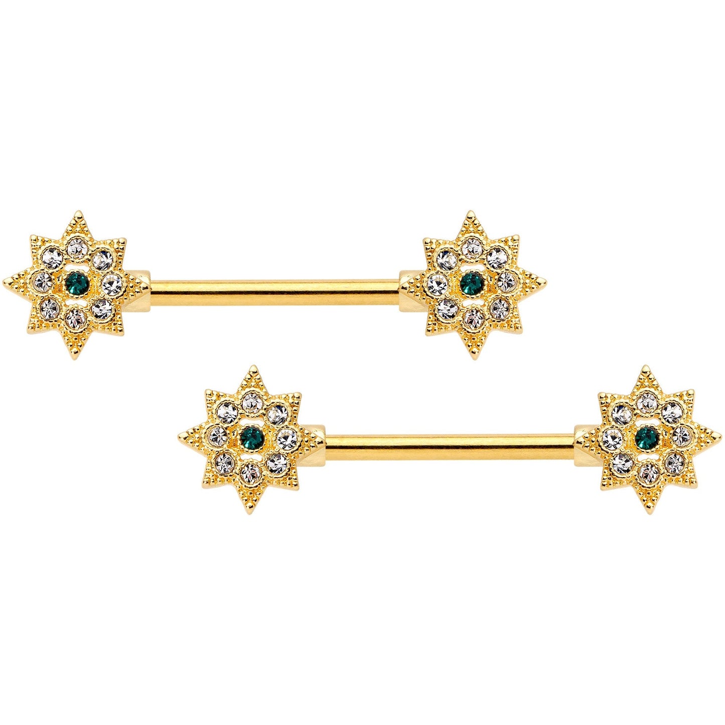 14G 9/16 Clear Green CZ Gem Starburst Nipple Ring Set