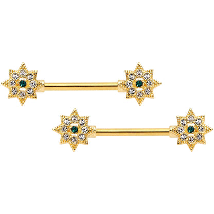 14G 9/16 Clear Green CZ Gem Starburst Nipple Ring Set