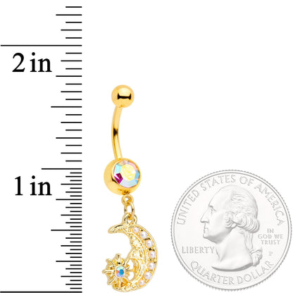 Aurora Gem Gold Tone Peaceful Night Star Moon Dangle Belly Ring