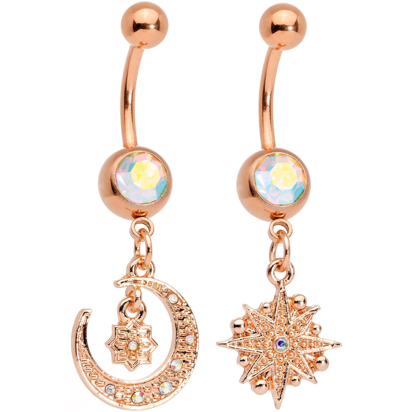 Aurora Gem Rose Gold Tone Celestial Star Moon Dangle Belly Ring Set