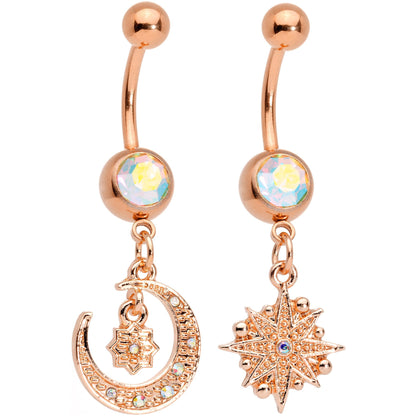 Aurora Gem Rose Gold Tone Celestial Star Moon Dangle Belly Ring Set