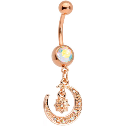 Aurora Gem Rose Gold Tone Celestial Star Moon Dangle Belly Ring Set