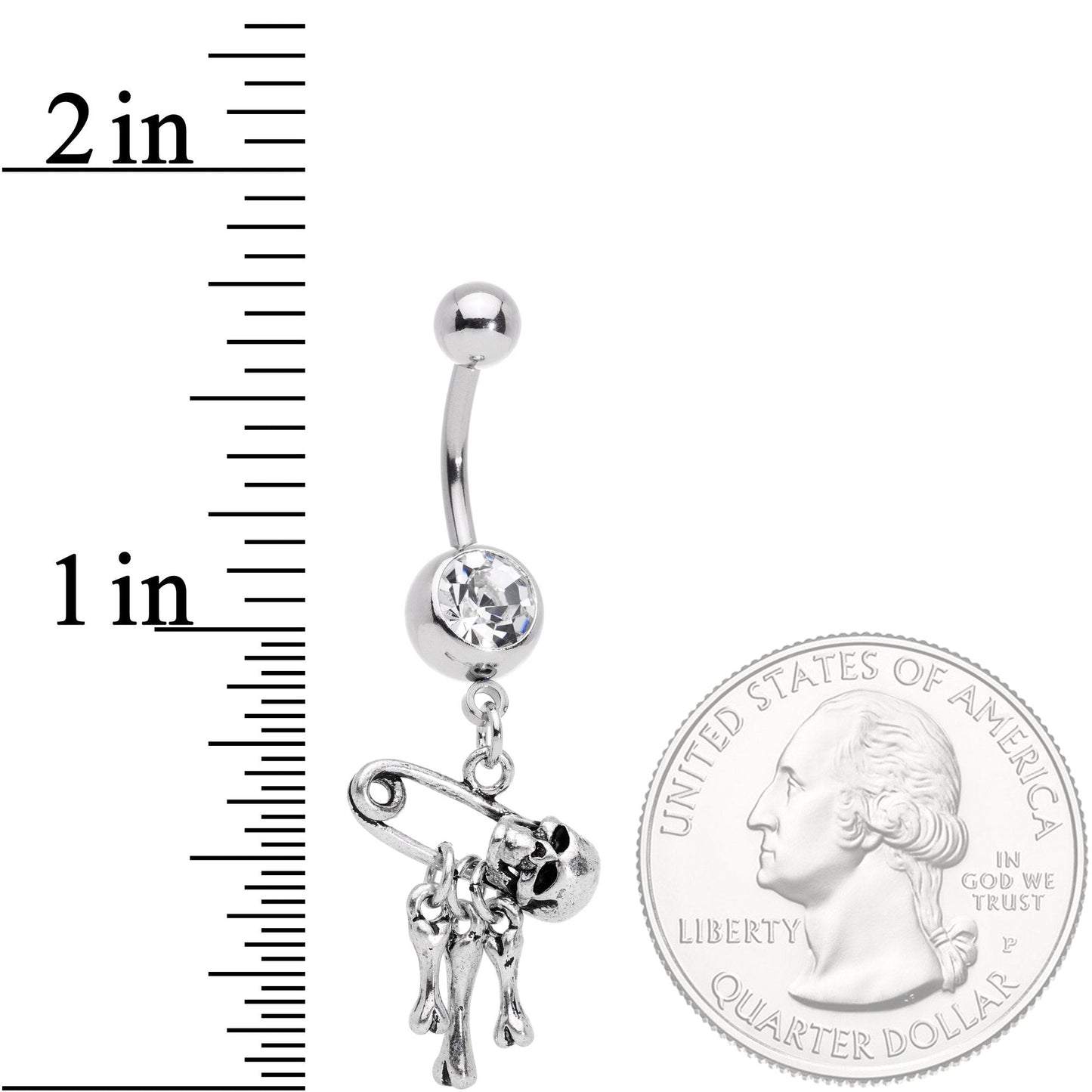 Clear Gem Skull Bones Safety Pin Halloween Dangle Belly Ring