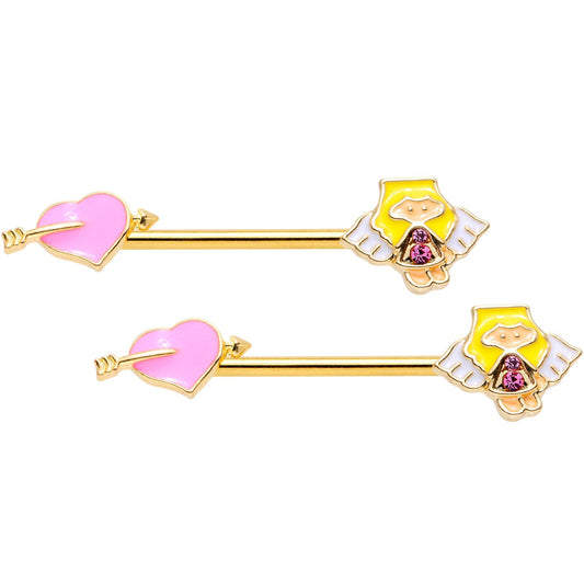 14G 9/16 Pink Gem Heart Cupid Gold Tone Barbell Nipple Ring Set