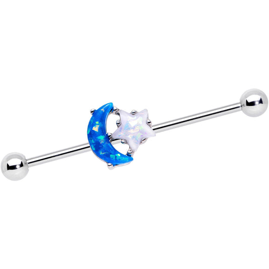 14G Blue White Faux Opal Starry Moon Industrial Barbell 38mm