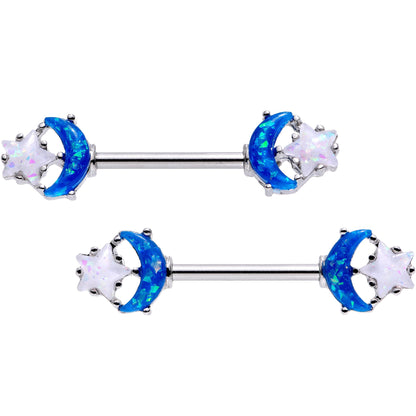 14G 9/16 Blue White Faux Opal Starry Moon Barbell Nipple Ring Set