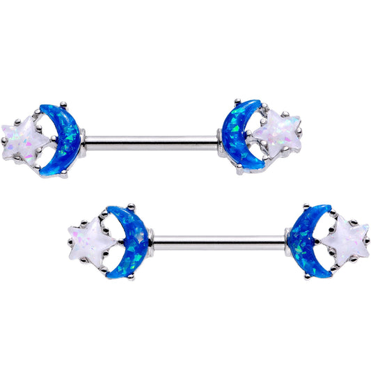 14G 9/16 Blue White Faux Opal Starry Moon Barbell Nipple Ring Set