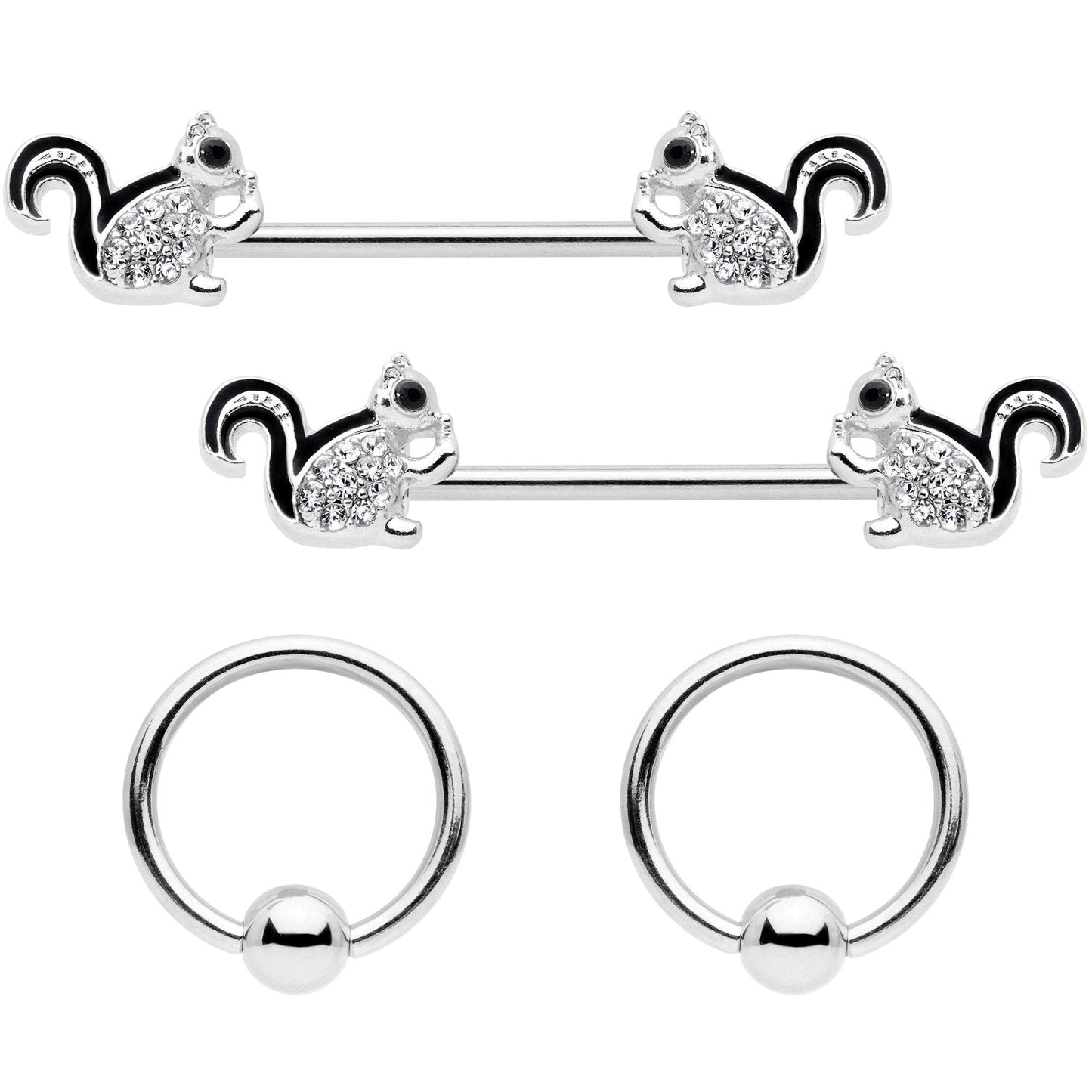 14G Clear Gem Squirrel BCR Barbell Nipple Ring Set of 4