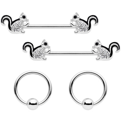 14G Clear Gem Squirrel BCR Barbell Nipple Ring Set of 4