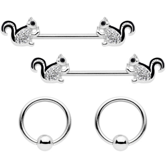 14G Clear Gem Squirrel BCR Barbell Nipple Ring Set of 4