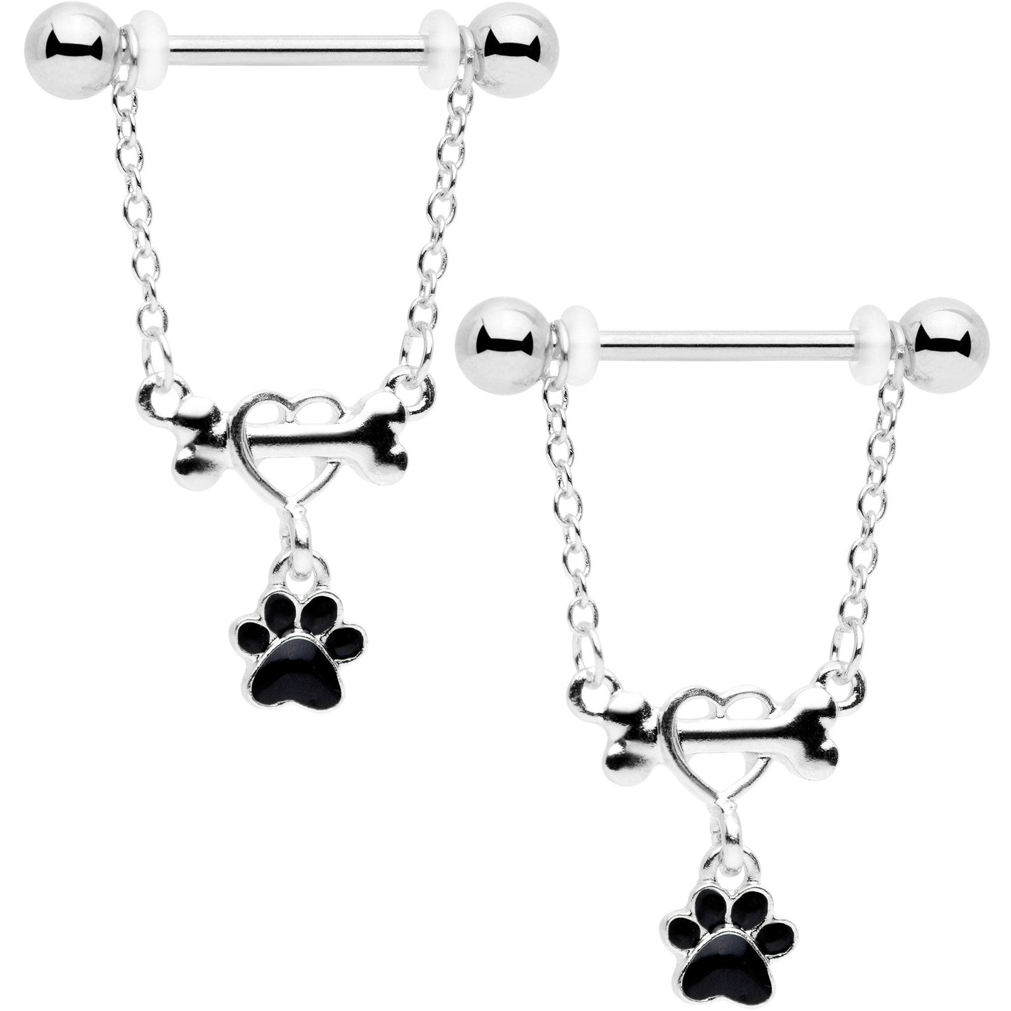 14G Love My Dog Paw Print Dangle Nipple Ring Set