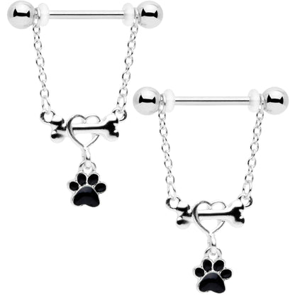 14G Love My Dog Paw Print Dangle Nipple Ring Set