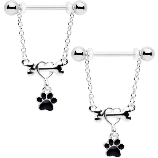 14G Love My Dog Paw Print Dangle Nipple Ring Set