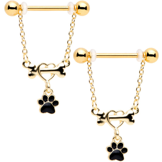 14G Gold Tone Love My Dog Paw Print Dangle Nipple Ring Set