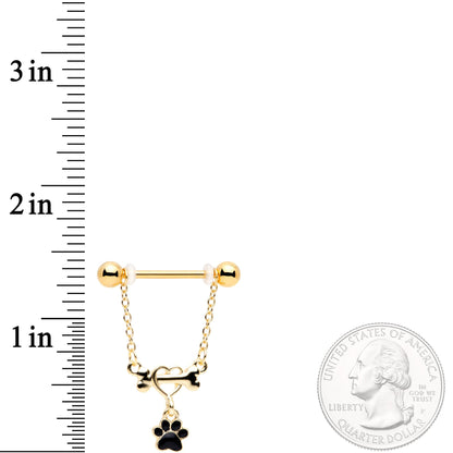 14G Gold Tone Love My Dog Paw Print Dangle Nipple Ring Set