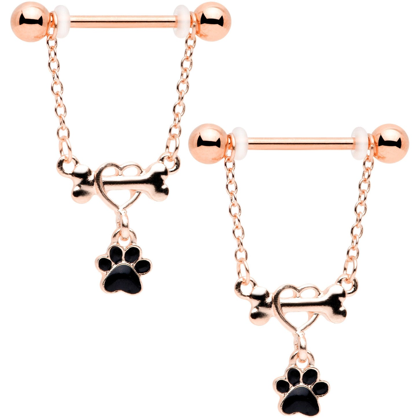 14G Rose Gold Tone Love My Dog Paw Print Dangle Nipple Ring Set