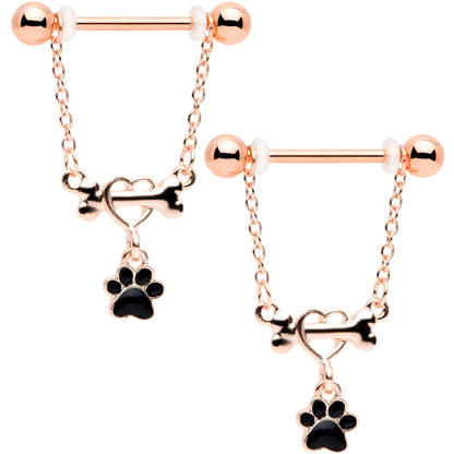 14G Rose Gold Tone Love My Dog Paw Print Dangle Nipple Ring Set