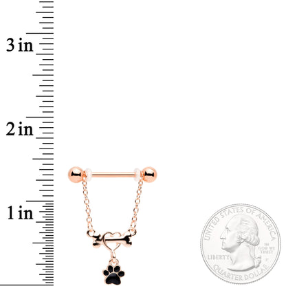 14G Rose Gold Tone Love My Dog Paw Print Dangle Nipple Ring Set