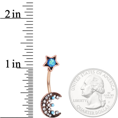 Aqua Faux Opal Rose Gold Tone Orb Crescent Moon Reversible Belly Ring