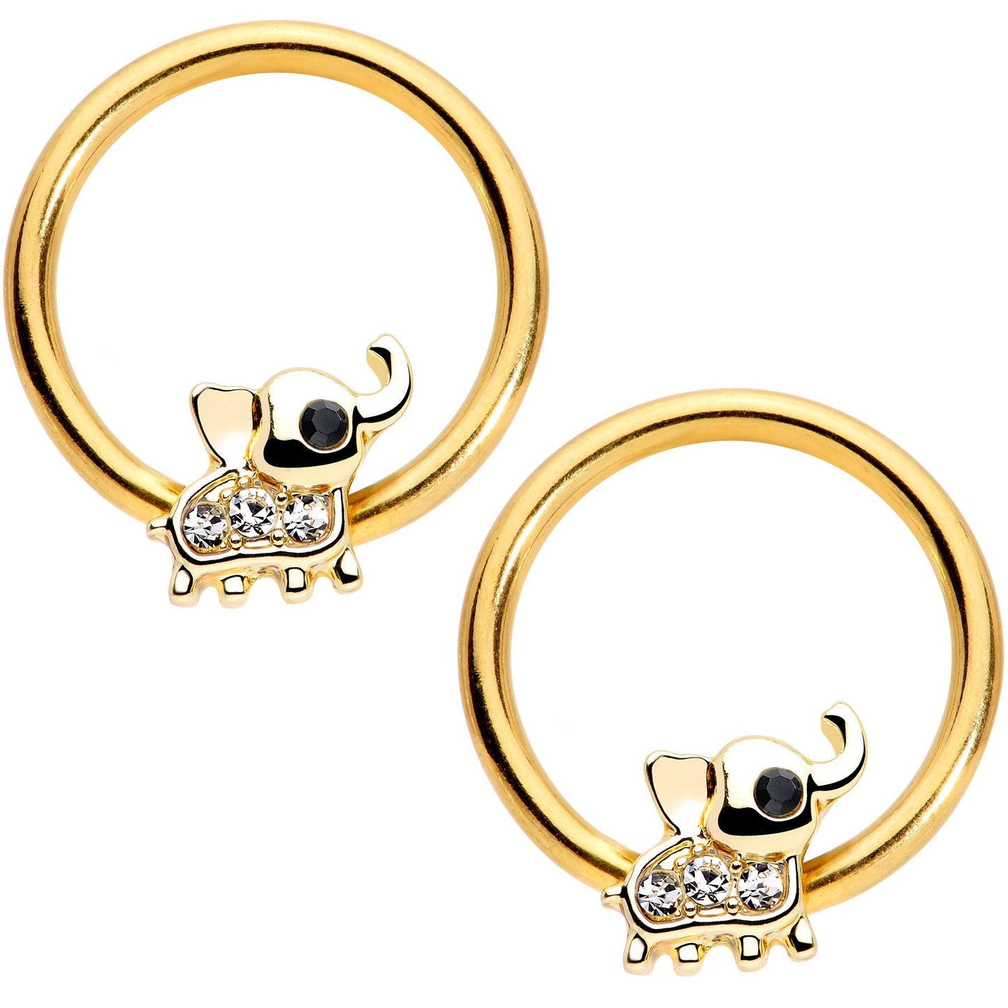 14G 1/2 Clear Gem Gold Tone Elephant BCR Captive Nipple Ring Set