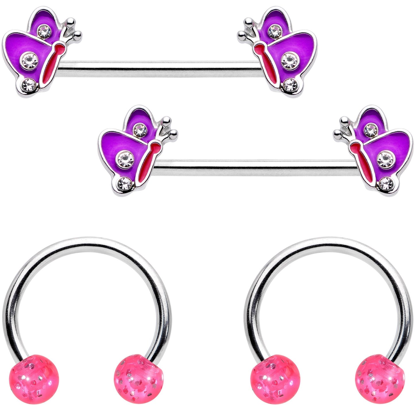 14G Pink Purple Butterfly Horseshoe Barbell Nipple Ring Set of 4