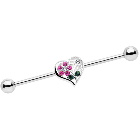 14G Clear Pink Gem Flower Heart Barbell Industrial