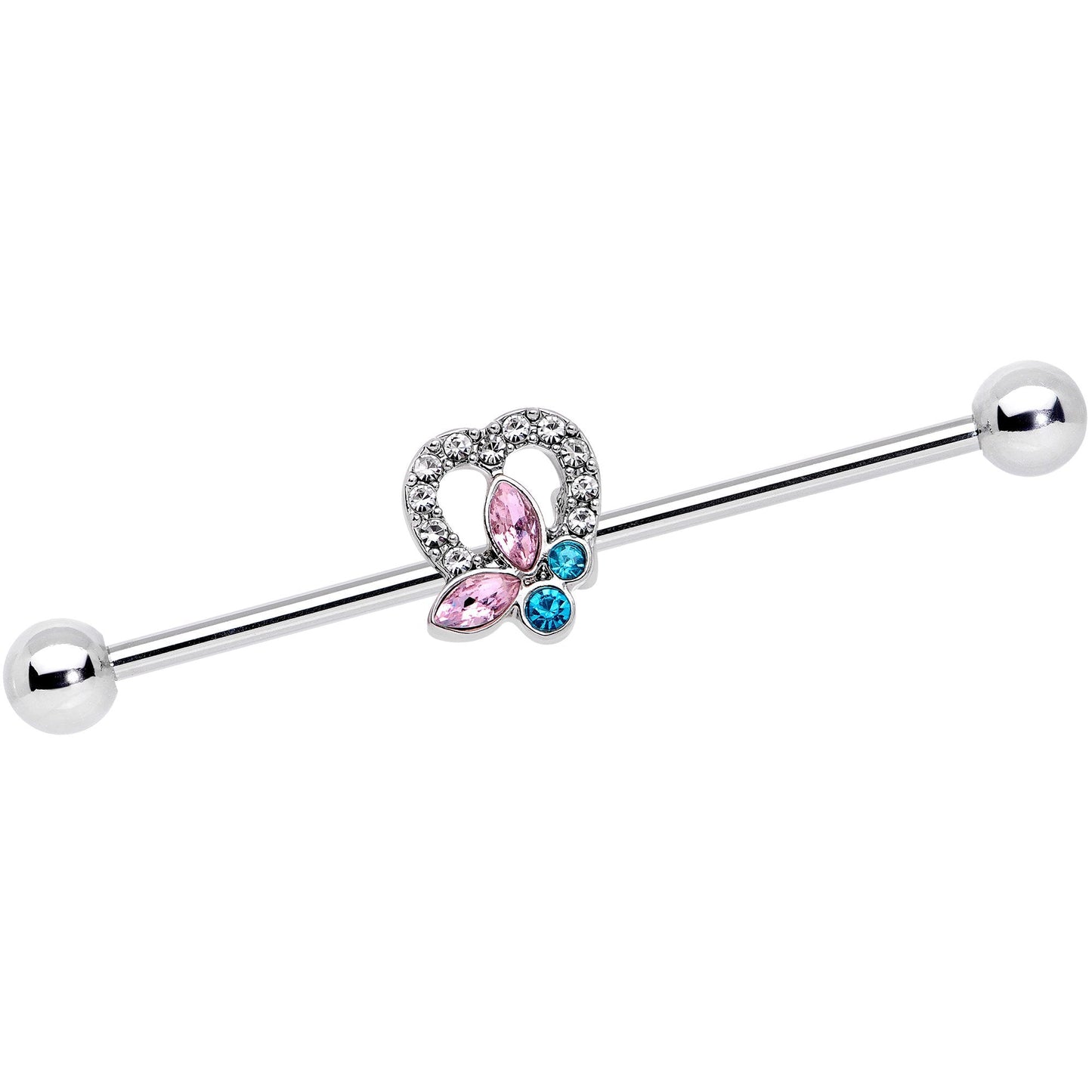 14G Pink Blue Butterfly Heart Industrial Barbell 38mm