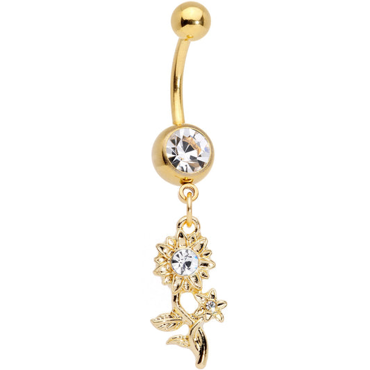 Clear Gem Gold Tone Sunflower Dangle Belly Ring