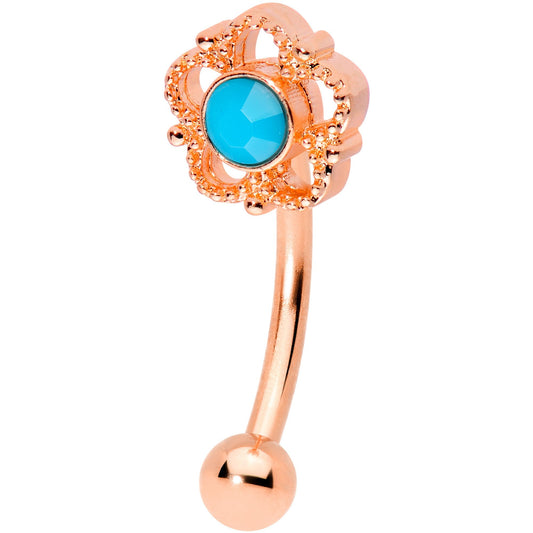 16G 5/16 Faux Turquoise Rose Gold Tone Flower Curved Eyebrow Ring