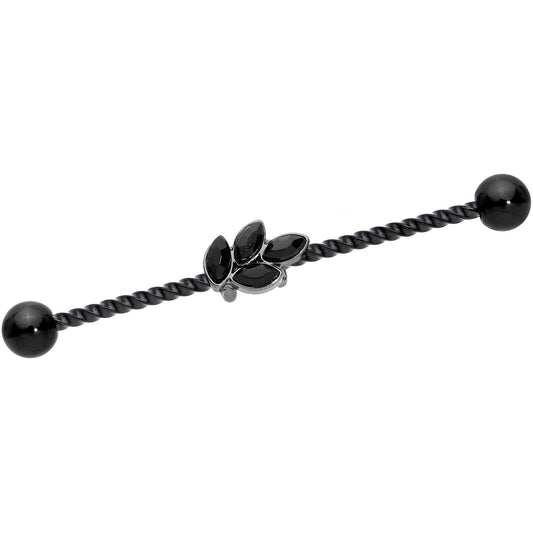 14G Black Gem Black Anodized Leaf Industrial Barbell 38mm