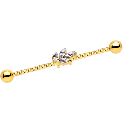 14G Clear Gem Gold Tone Leaf Industrial Barbell 38mm