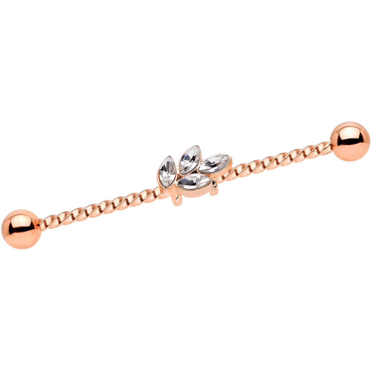 14G Clear Gem Rose Gold Tone Leaf Industrial Barbell 38mm