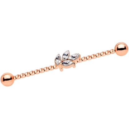 14G Clear Gem Rose Gold Tone Leaf Industrial Barbell 38mm