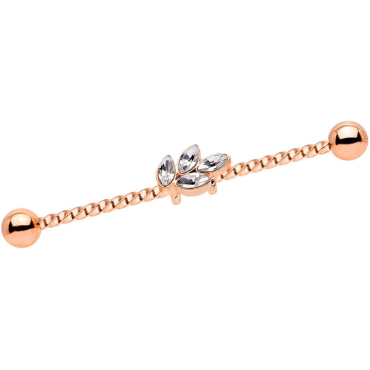 14G Clear Gem Rose Gold Tone Leaf Industrial Barbell 38mm