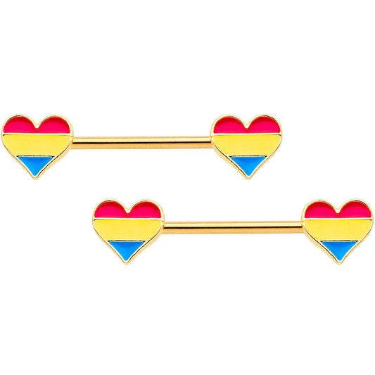 14G Pansexual Pride Gold Tone Heart Barbell Nipple Ring Set