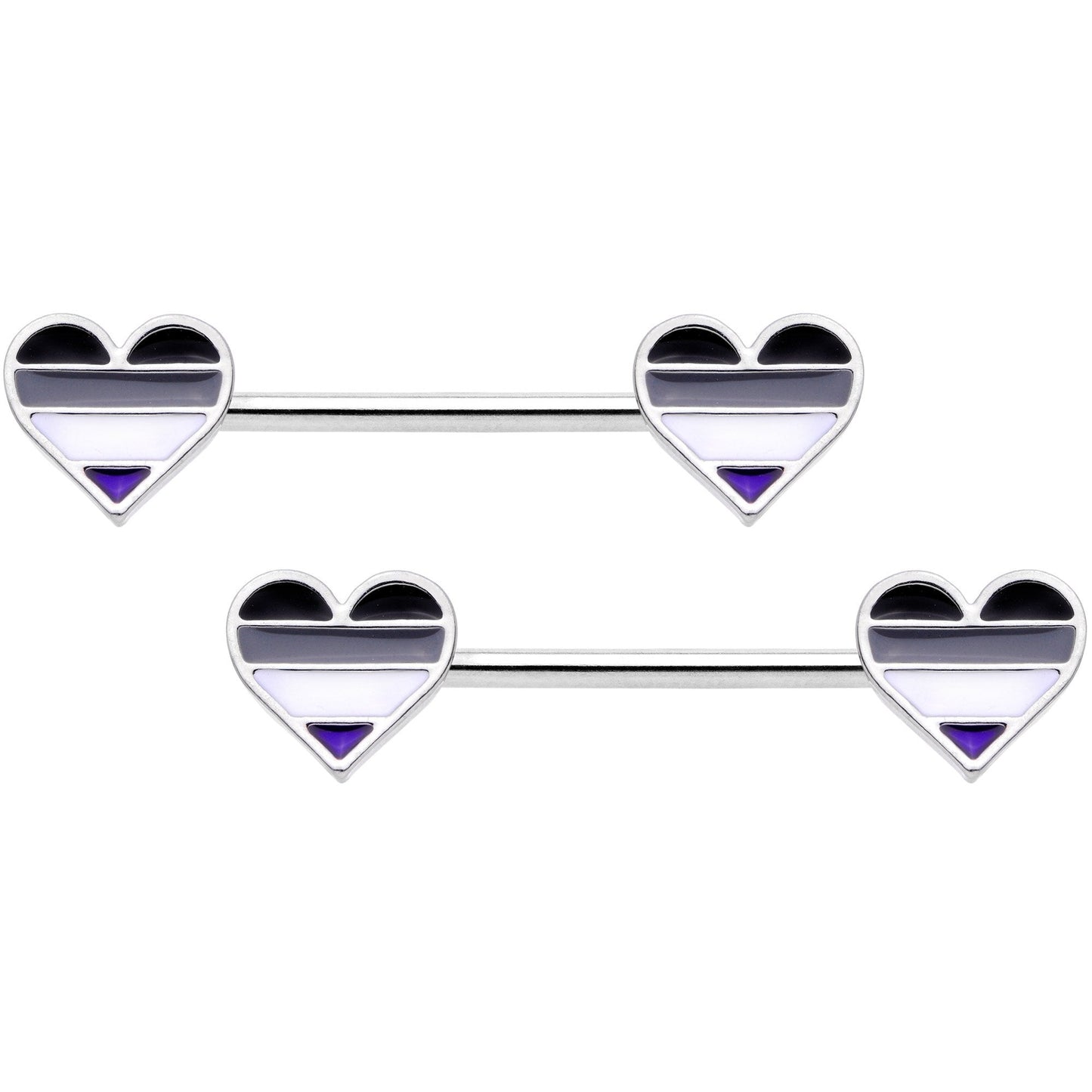 14G Black Grey White Asexual Pride Heart Barbell Nipple Ring Set