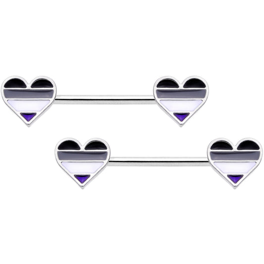 14G Black Grey White Asexual Pride Heart Barbell Nipple Ring Set