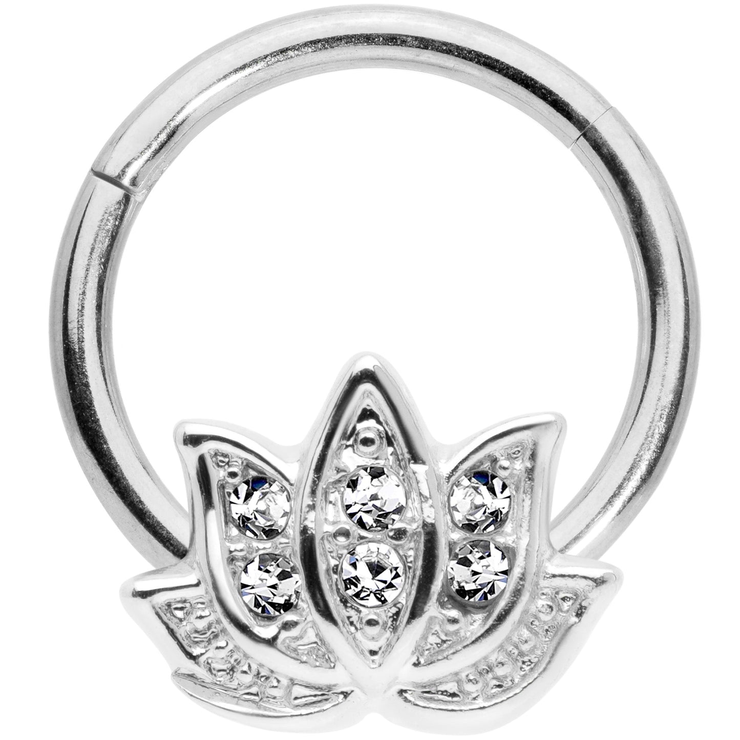 16G 3/8 Clear Gem Lotus Flower Hinged Segment Ring