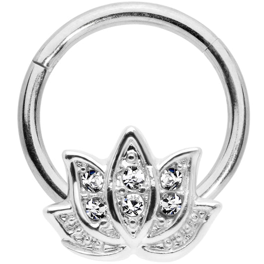 16G 3/8 Clear Gem Lotus Flower Hinged Segment Ring