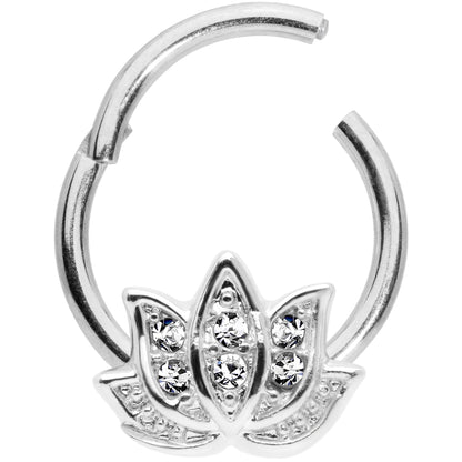 16G 3/8 Clear Gem Lotus Flower Hinged Segment Ring
