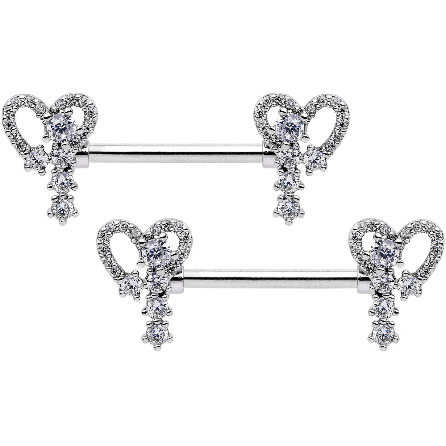 14G 9/16 Clear Gem Valentine Heart Barbell Nipple Ring Set