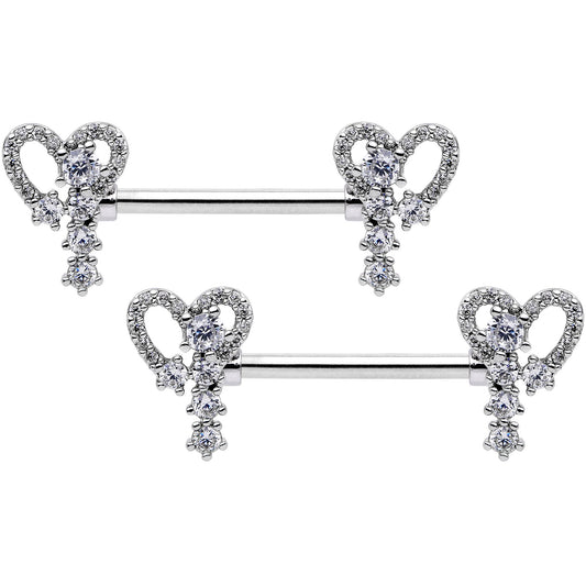 14G 9/16 Clear Gem Valentine Heart Barbell Nipple Ring Set