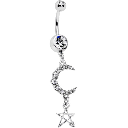 Clear Gem Moonlight Magic Crescent Moon Star Dangle Belly Ring