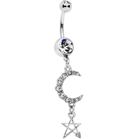Clear Gem Moonlight Magic Crescent Moon Star Dangle Belly Ring