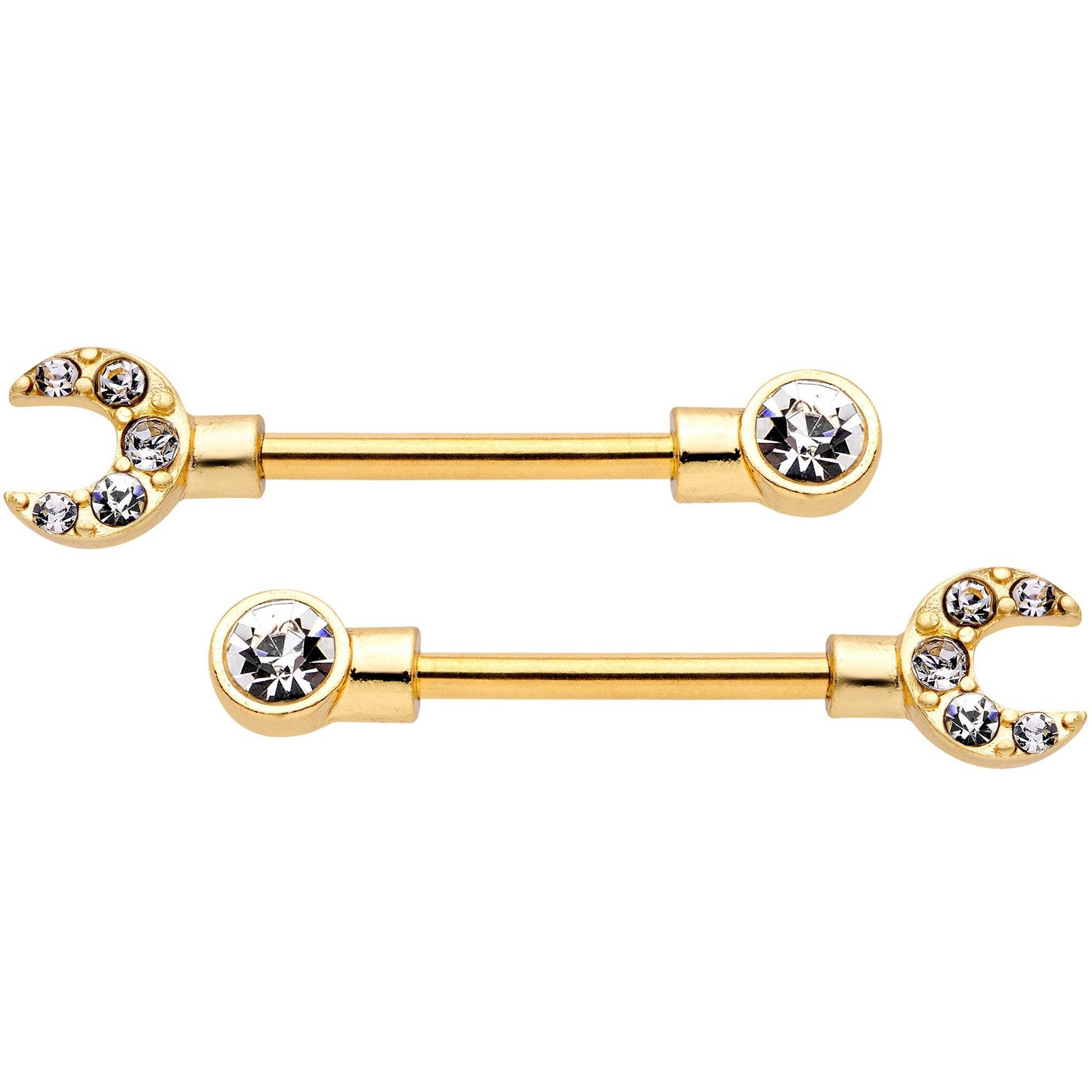 14G Clear CZ Gem Gold Tone Crescent Wrench Barbell Nipple Ring Set