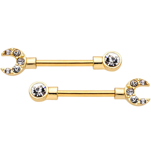 14G Clear CZ Gem Gold Tone Crescent Wrench Barbell Nipple Ring Set