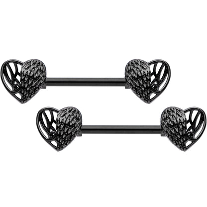 14G 9/16 Black Angels Wings Barbell Nipple Ring Set