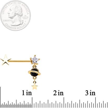 14G 9/16 Clear CZ Gem Gold Tone Saturn Barbell Nipple Ring Set